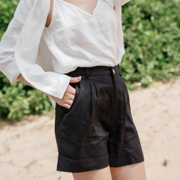 Black Linen High Waist Shorts - Picture 1 of 5